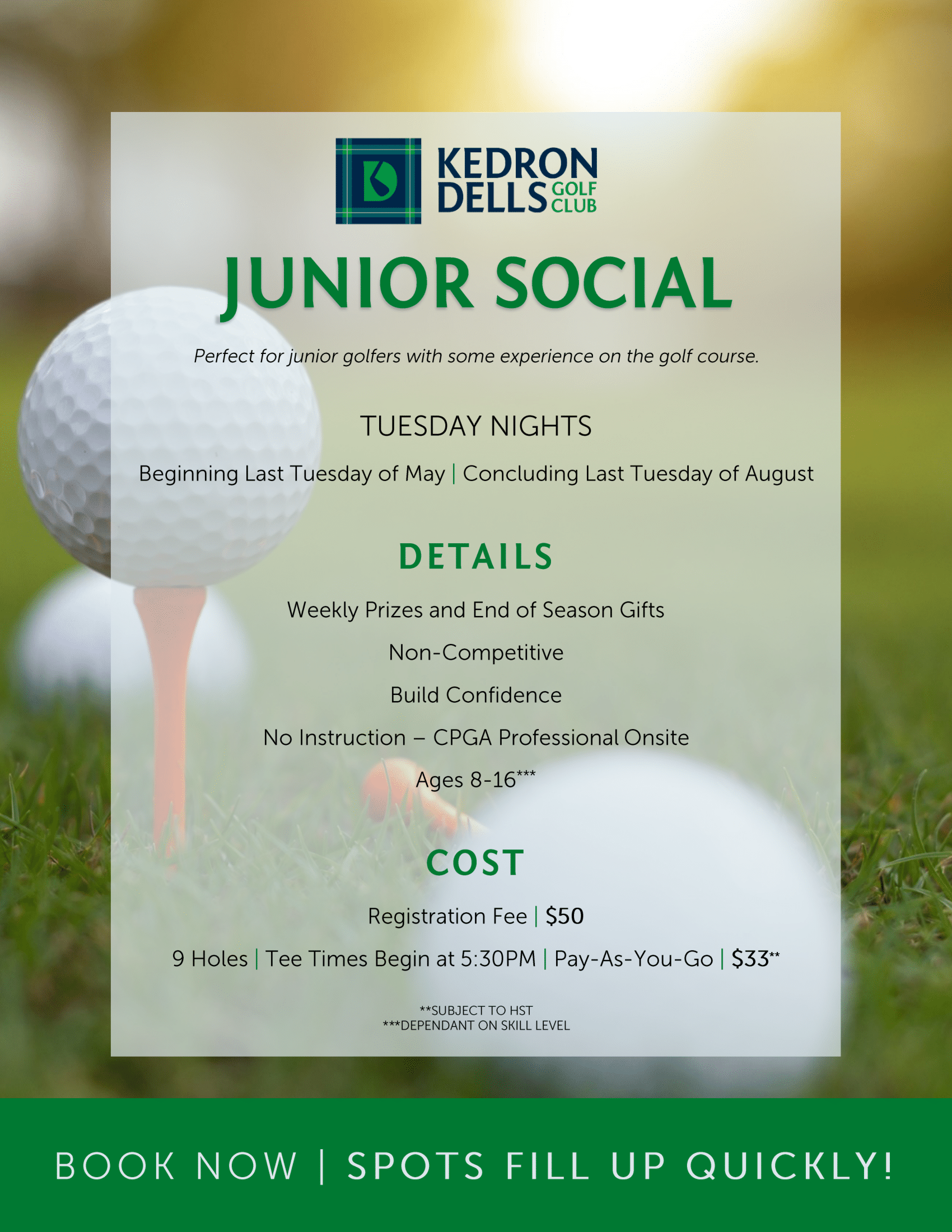 A poster for a junior social with golf balls on a tee