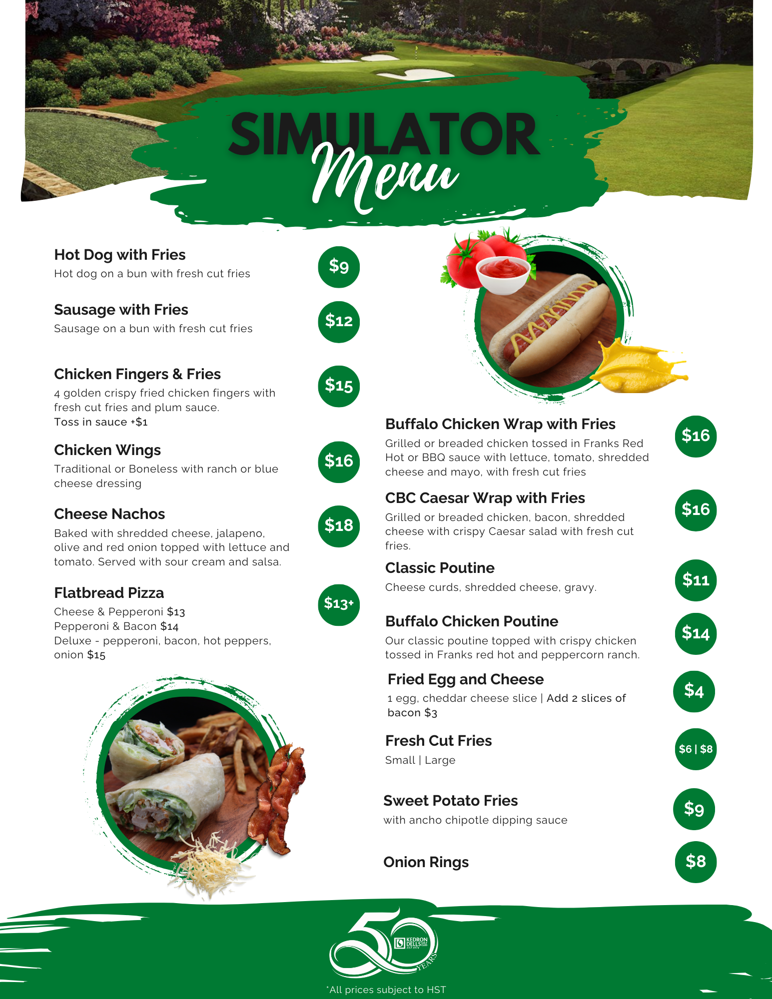 Kedron Dells golf simulator menu with a picture of a hot dog and a caesar wrap on it.