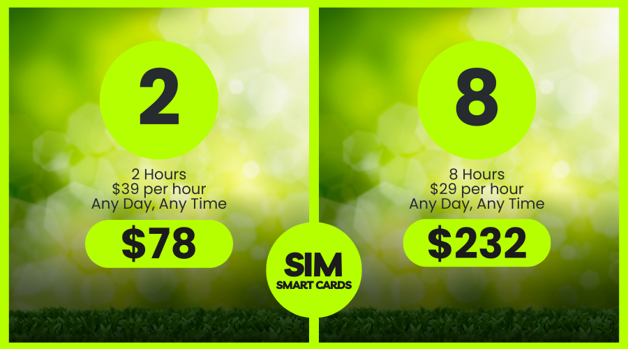 Green graphic with two simulator smart cards: 2 hours for $78, and 8 hours for $232. Both any day, any time.