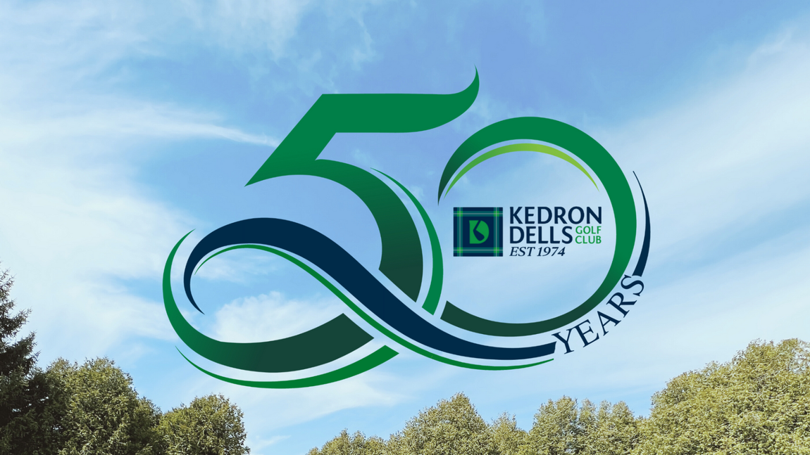 Kedron Dells Golf Club 50th anniversary logo in front of a blue sky with trees in the background