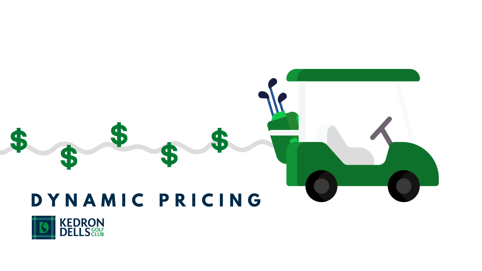 A green golf cart with a golf bag and golf clubs pulling a line of dollar signs.