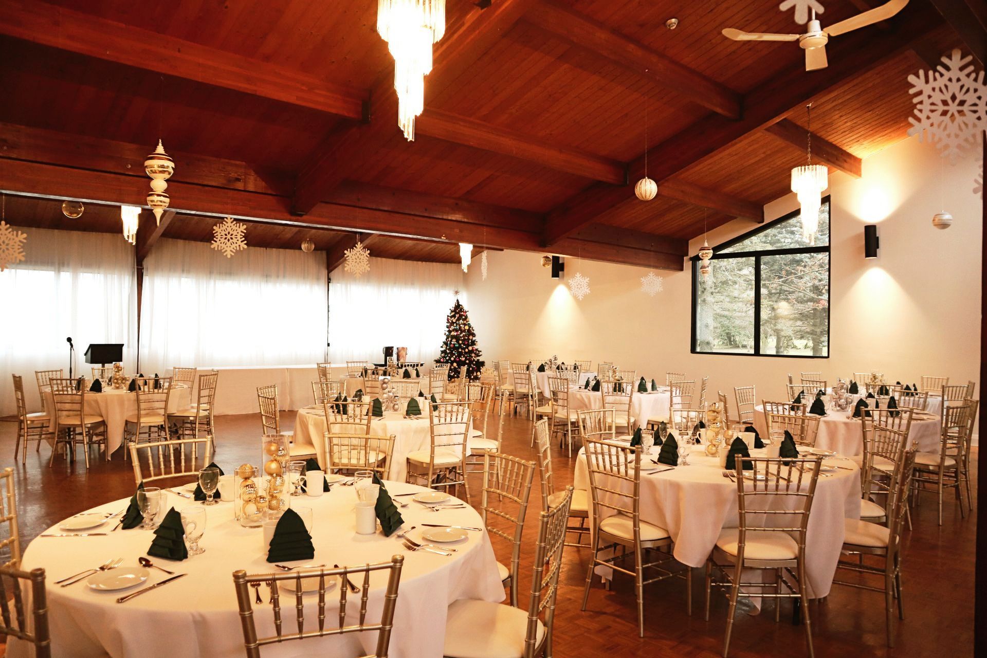 A large room with tables and chairs set up for a party