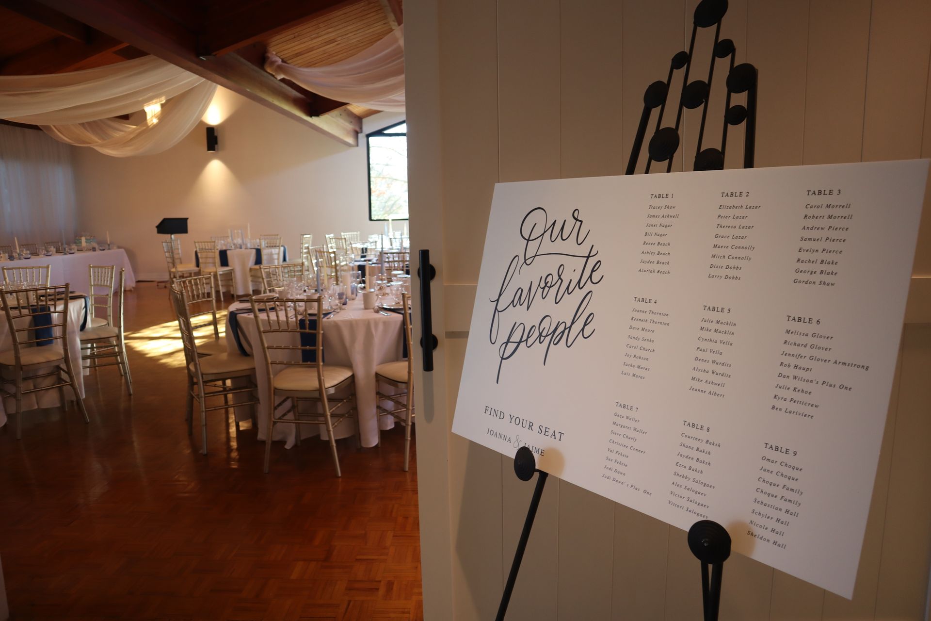 A sign on an easel says our favourite people with the wedding reception space in the background