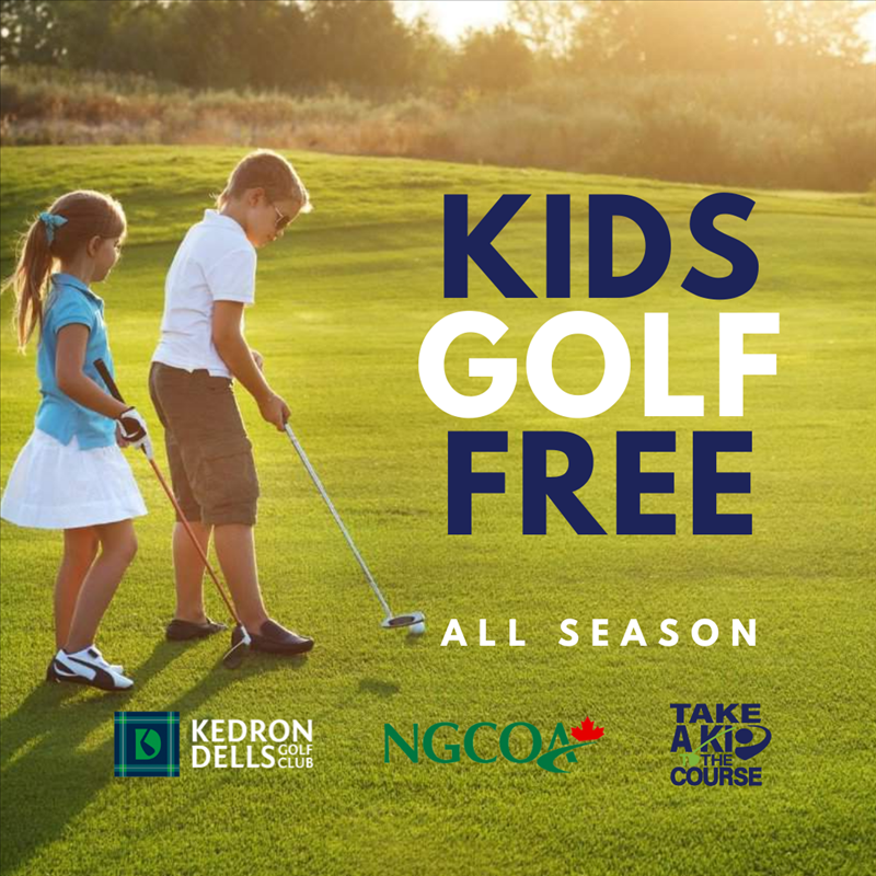 A poster for kids golf free all season - a girl and boy holding a golf club on a golf course.