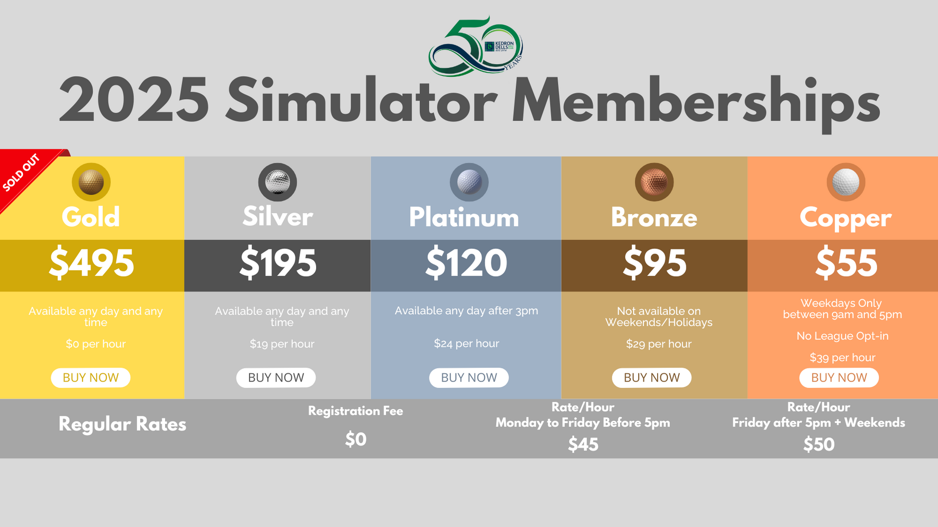 An image of the golf simulator memberships for 2025. Gold is sold out.