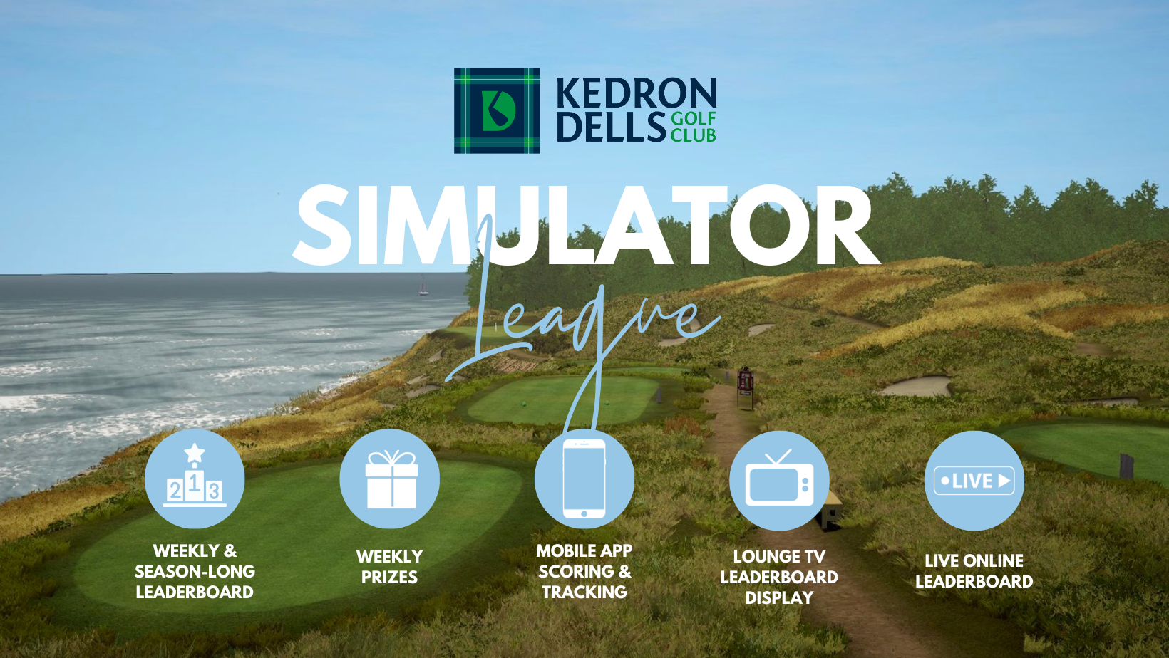 A golf course with 'Simulator League' text and icons for leaderboard, prizes, app tracking, TV display, & online leaderboard.