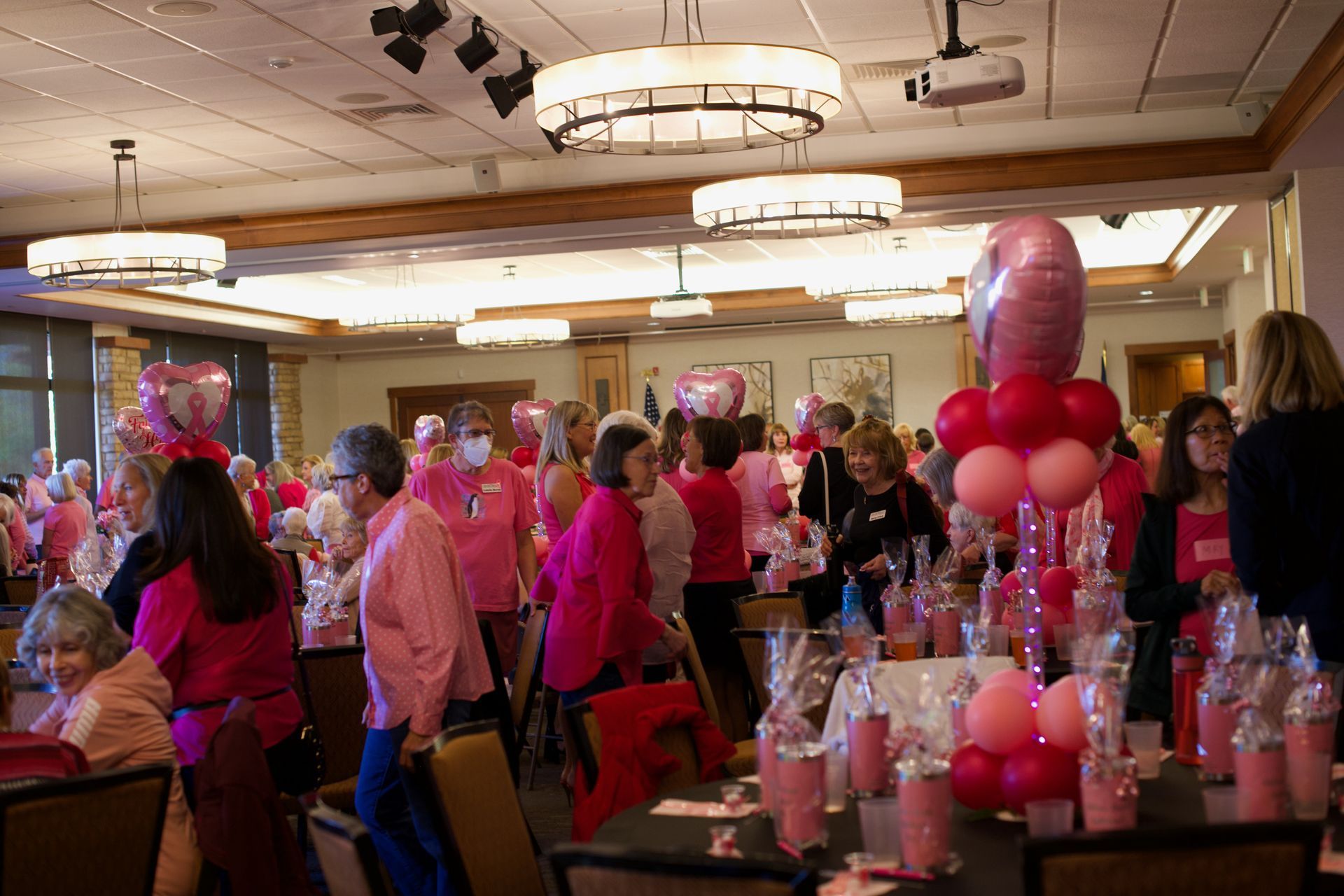 People in pink attire at a fundraising event, surrounded by pink decorations in a banquet hall.