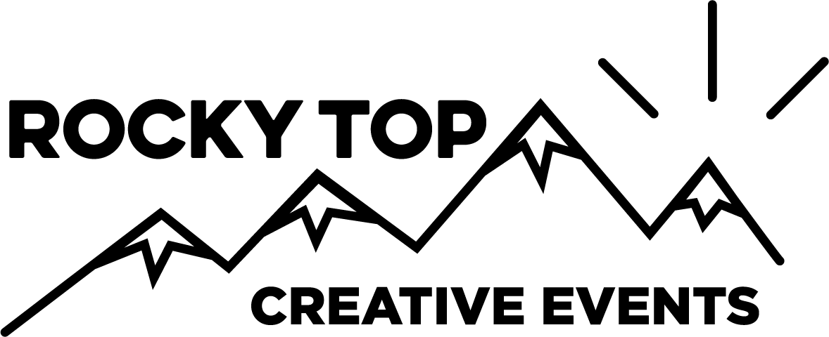 A black and white logo for rocky top photobooth and balloons.