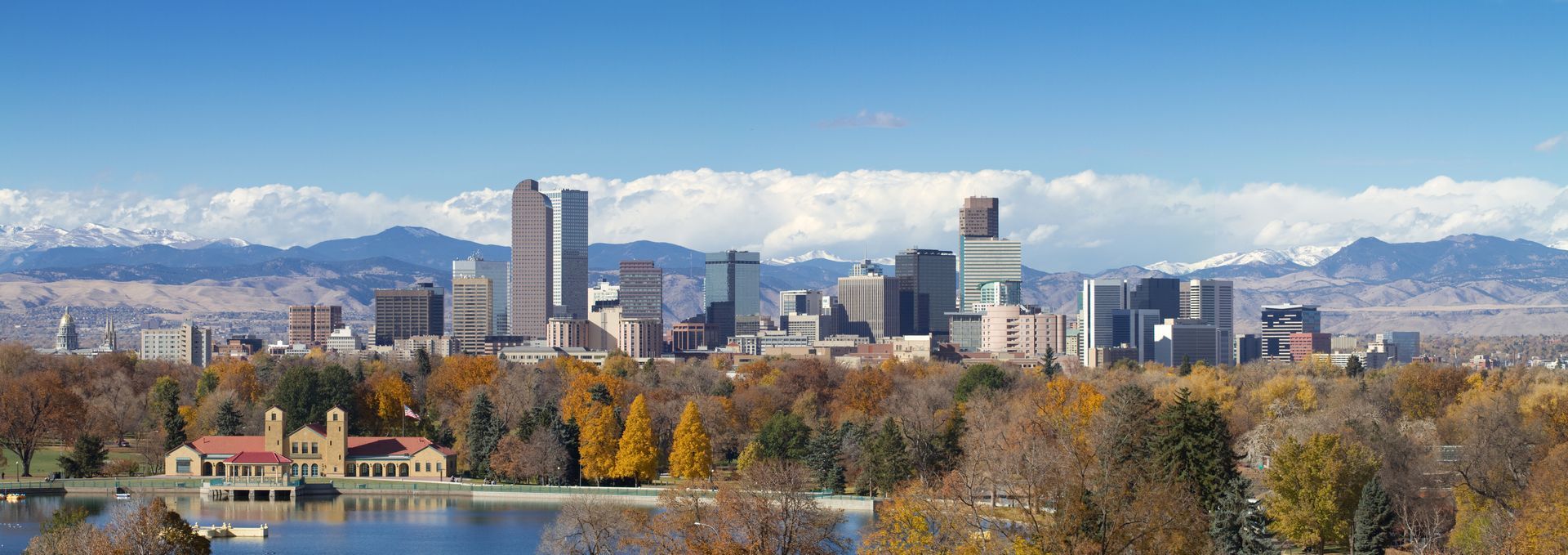 Denver skyline with storm coming over the range.