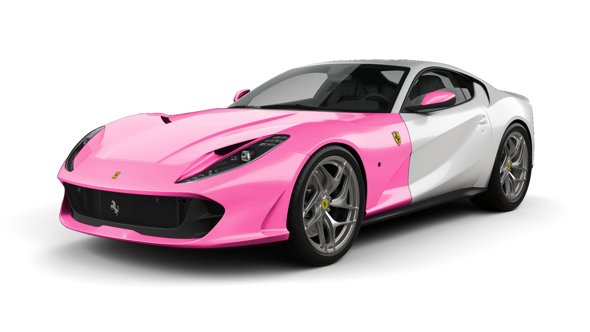 Pink and white Ferrari sports car.