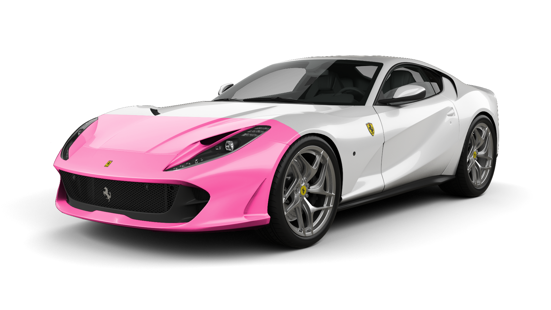 White and pink Ferrari sports car parked on a white background.