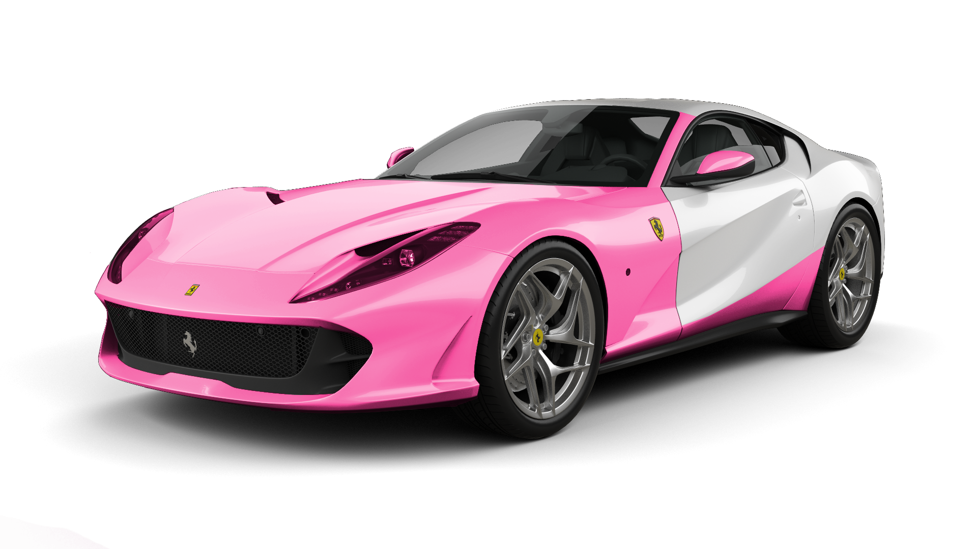 Pink and white Ferrari sports car on a white background.