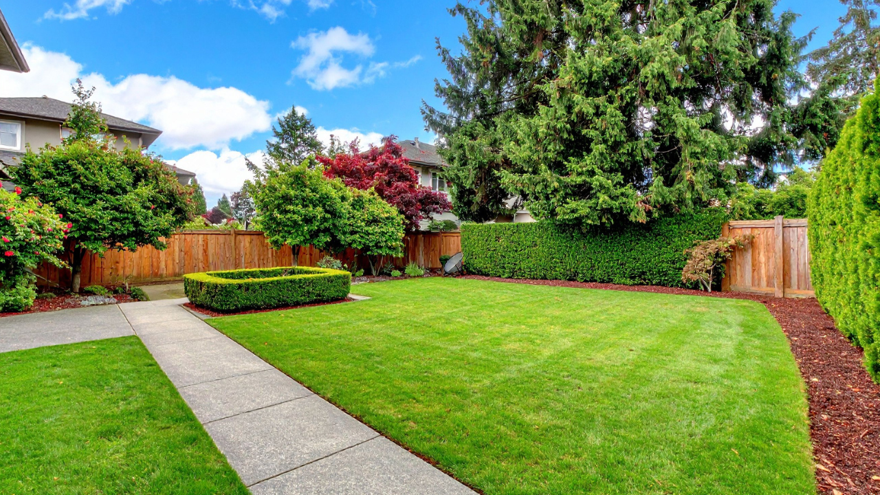 Well-kept backyard with green lawn, concrete path, wooden fence, and lush shrubs under a blue sky