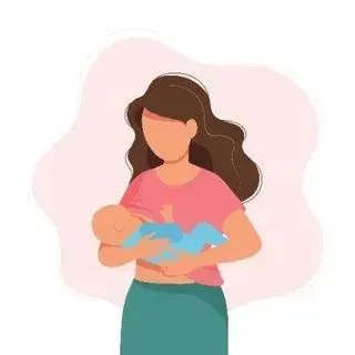 Woman in pink shirt breastfeeding a baby in a blue swaddle, set against a pink backdrop.