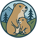 Mother bear and cub in a mountain landscape, encircled in a blue and green frame.