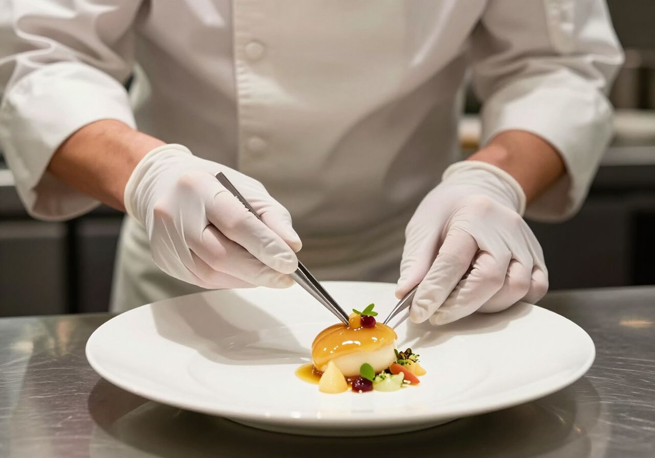 Chef plating a refined dessert for restaurant service