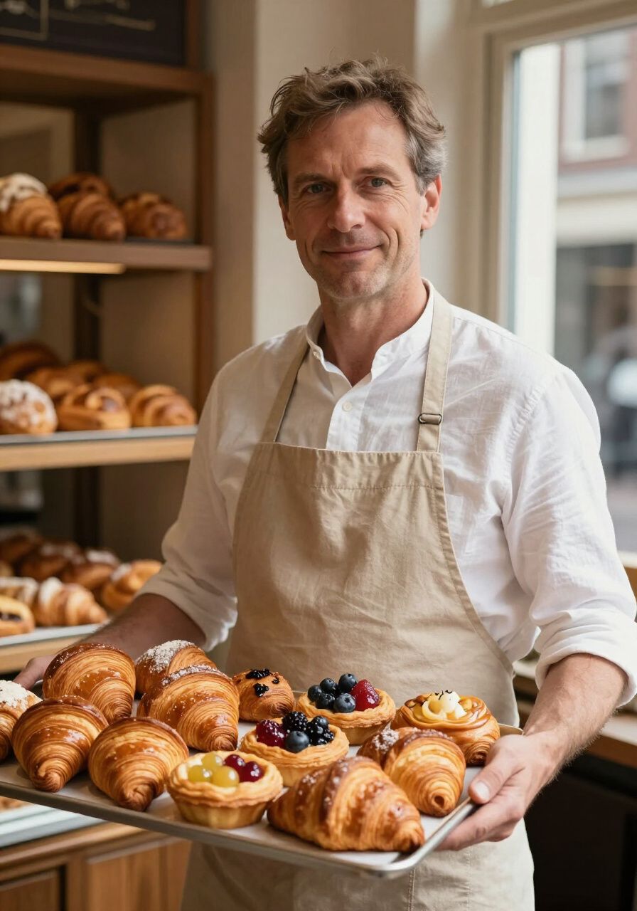 Baker holding a tray of pastries
