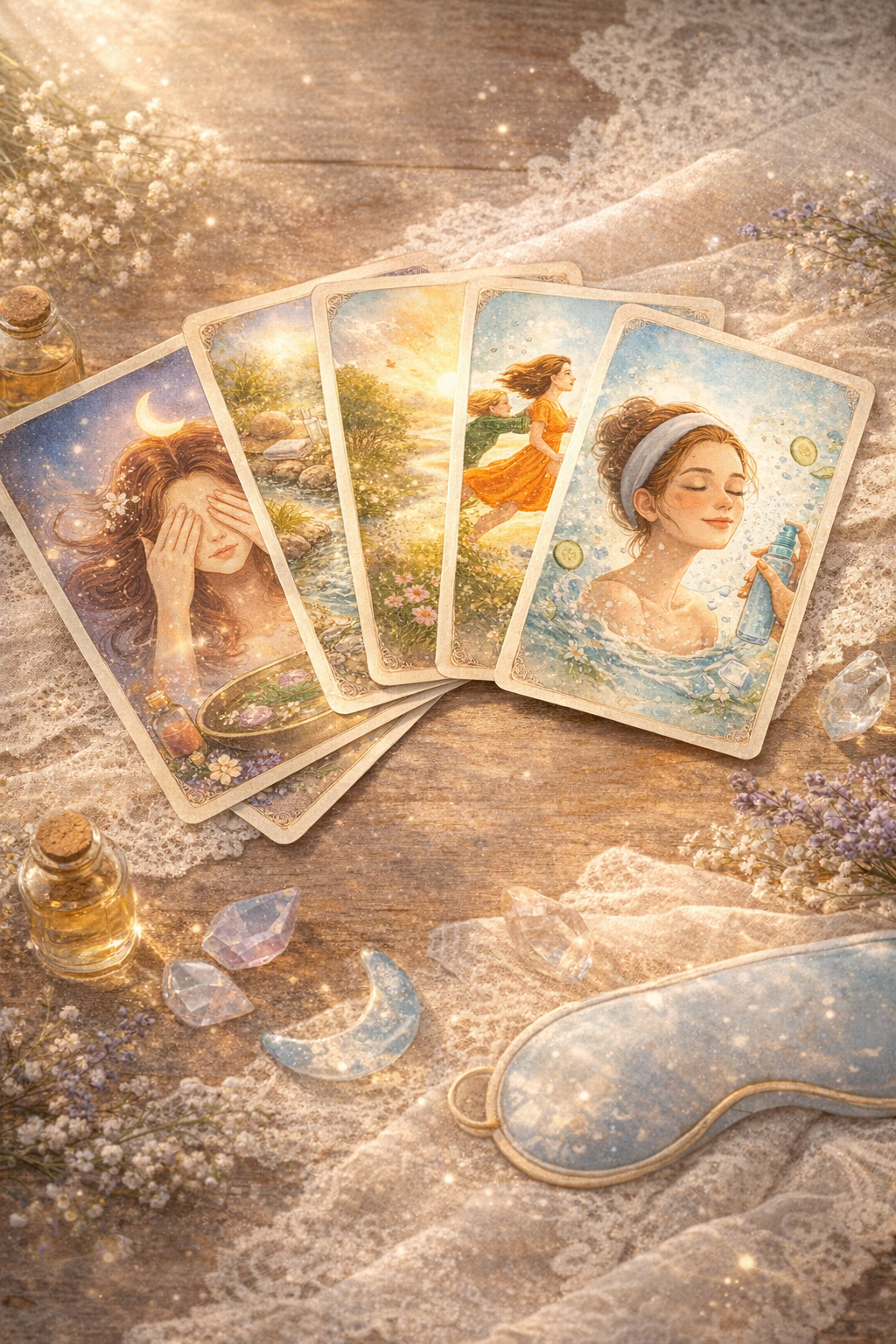 Handgemalte Wellnesskarten im Dixit-Stil, die verschiedene Spa-Behandlungen wie Entspannung, Frische und Energie darstellen