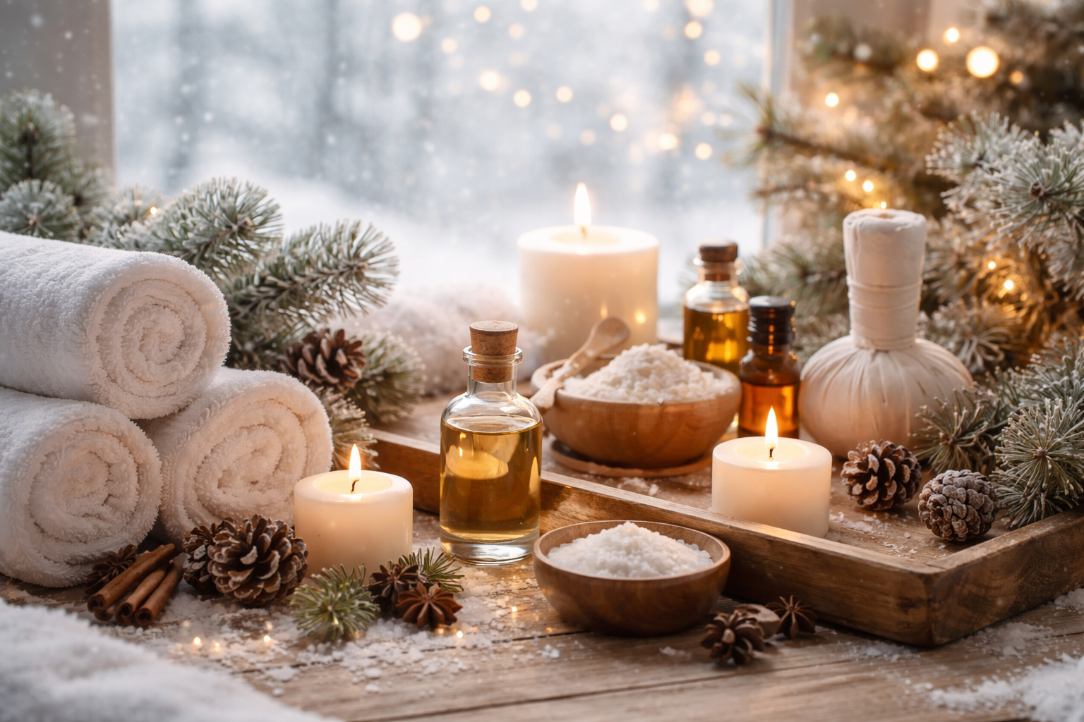 Winterliches Wellness-Arrangement mit weißen Handtüchern, brennenden Kerzen, Vinoble-Ölen, Meersalz und winterlicher Dekoration wie Tannenzweigen und Zapfen, vor einem Fenster mit Schneelandschaft. Ruhige, entspannende Atmosphäre für Spa und Winterpflege.