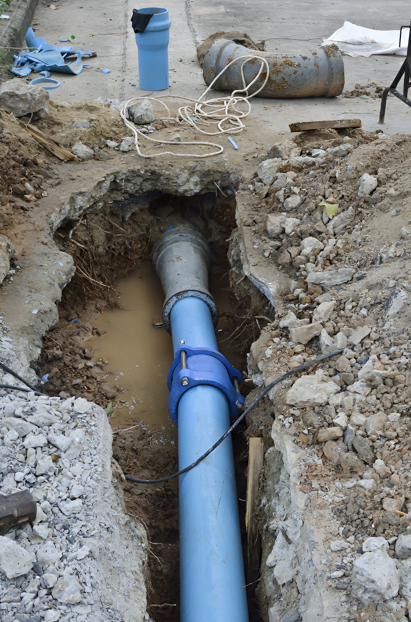 A Blue Pipe Repaired in a Trench on a City Street — Taps 'R' Us in Maroochydore, QLD