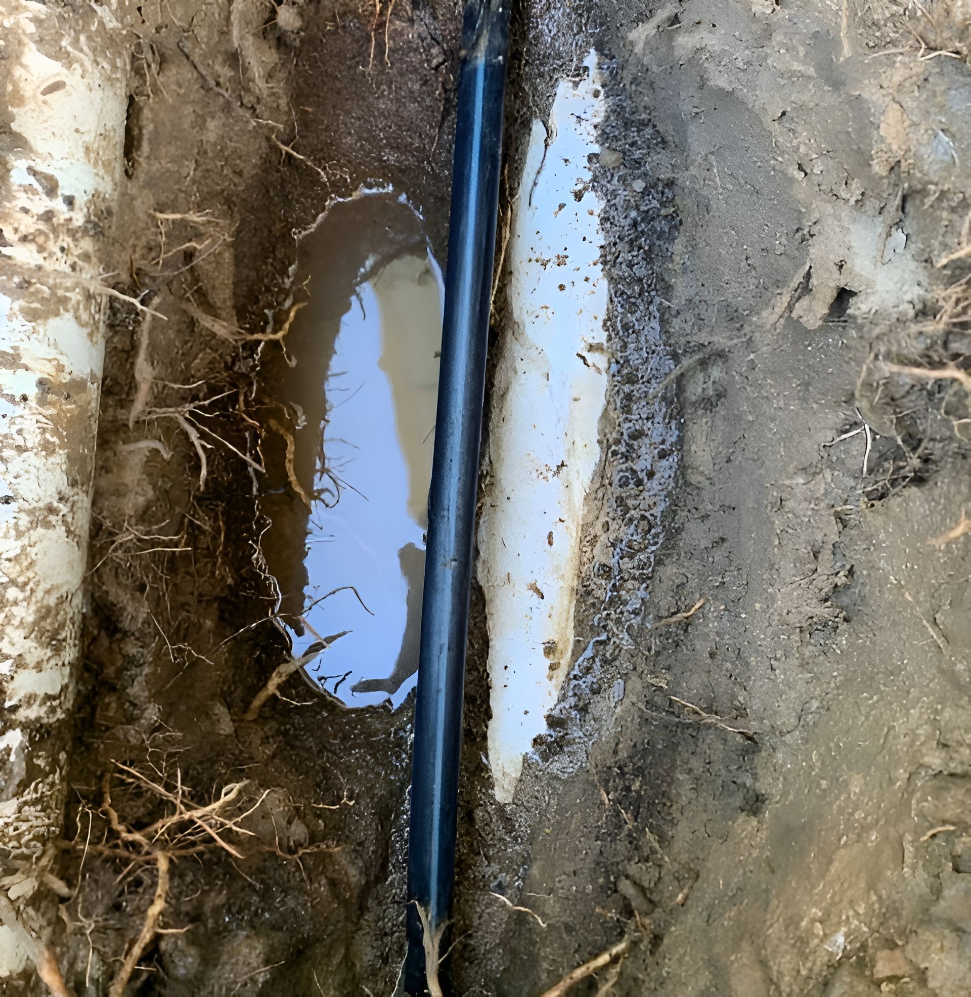 Trench With Black Pipe Surrounded by Soil and Water — Taps 'R' Us in Kunda Park, QLD