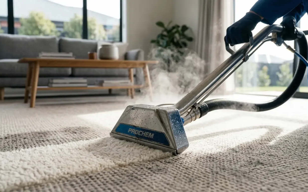 A person using a professional steam extraction wand to deep clean a textured, light-colored carpet in a bright living room.