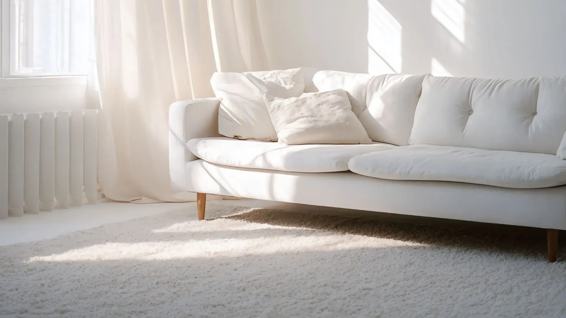 White sofa with pillows in a bright room, sunlight streaming through curtains onto a white rug.
