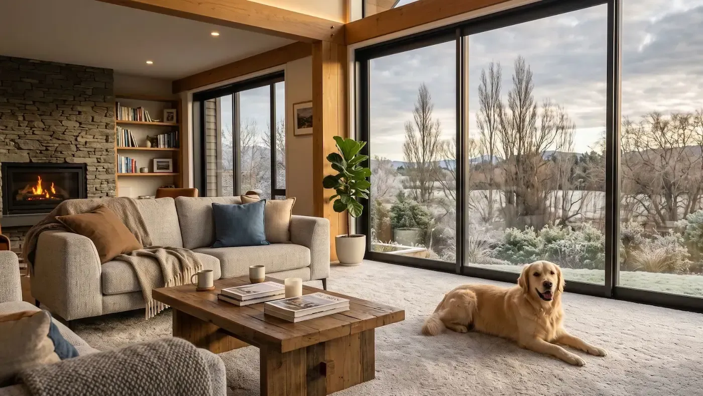 Cozy living room with stone fireplace, large windows, wooden coffee table, and a golden retriever on the rug.
