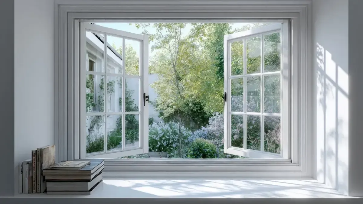 Open white window overlooking a green garden with a stack of books on the windowsill.