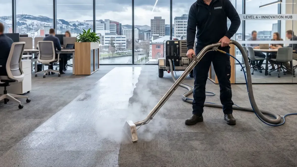 Worker pressure-washing an office carpet near desks and windows with a city view