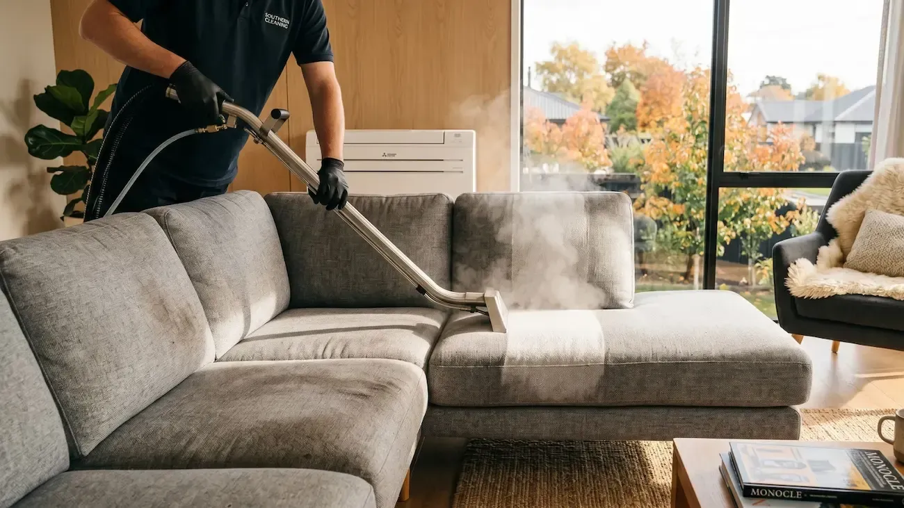 Person vacuuming a gray sectional sofa in a sunlit living room.