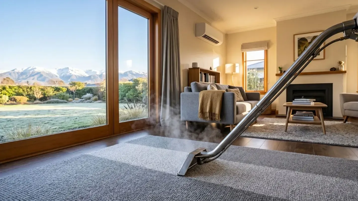 Modern living room with large lake view, gray sofa, and a vacuum cleaner on the carpet.