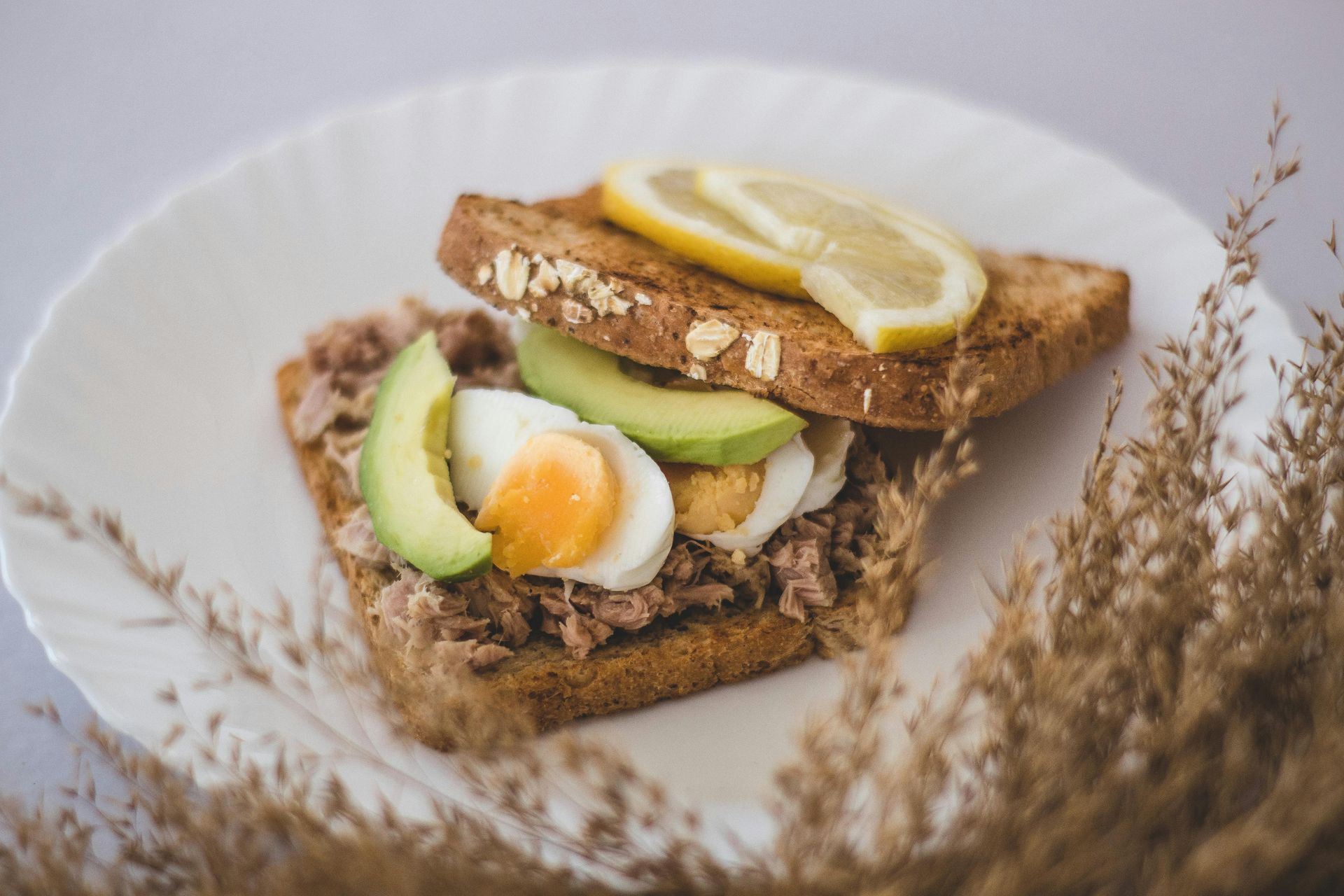 A sandwich with tuna , eggs , avocado and lemon on a white plate.