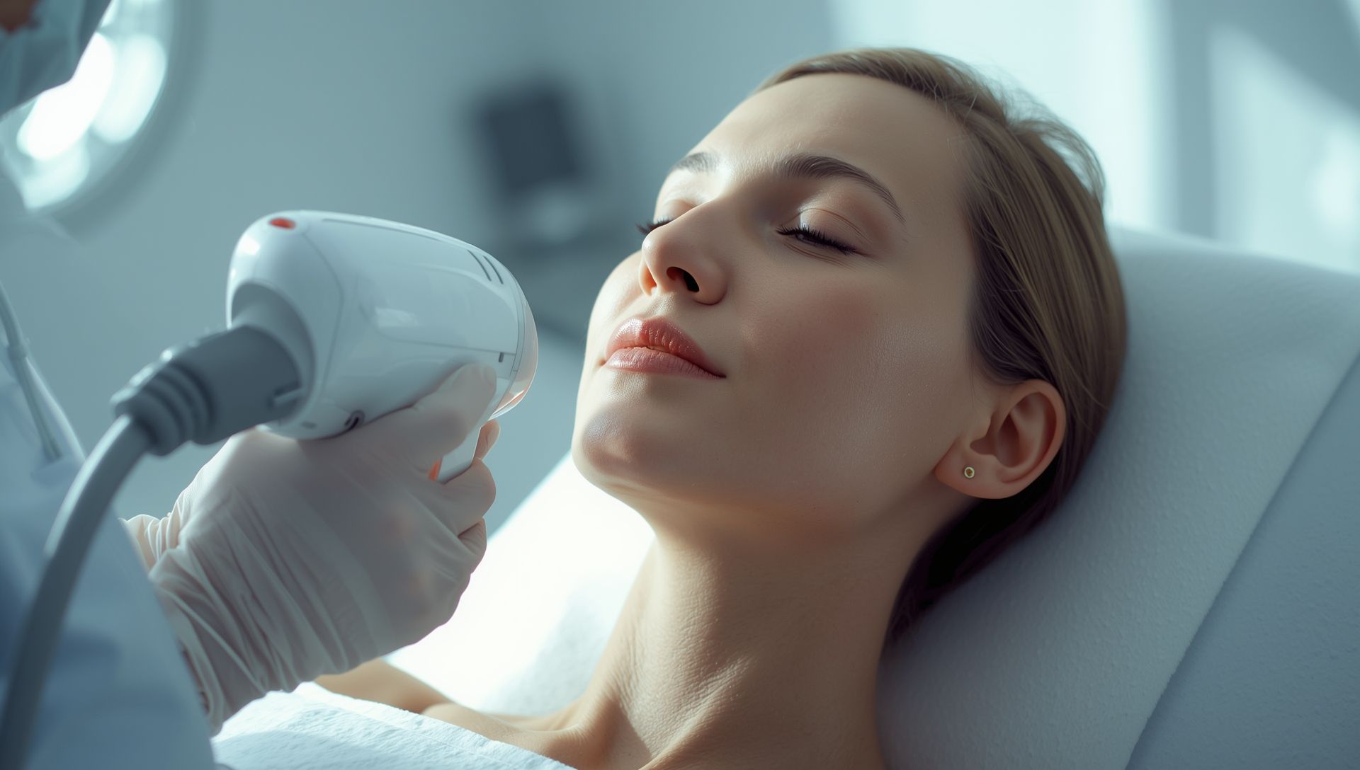 Medical professional performing laser hair removal on sensitive skin in a clinical setting with calm
