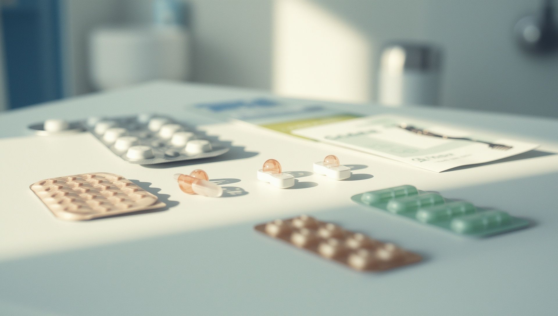 Birth control consultation showing pill pack, IUD model, and implant in modern women’s health clinic