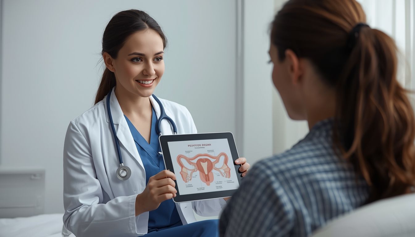 Doctor explaining pelvic organ prolapse using a digital anatomy diagram