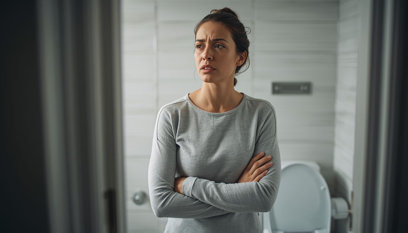 Woman in bathroom experiencing concern