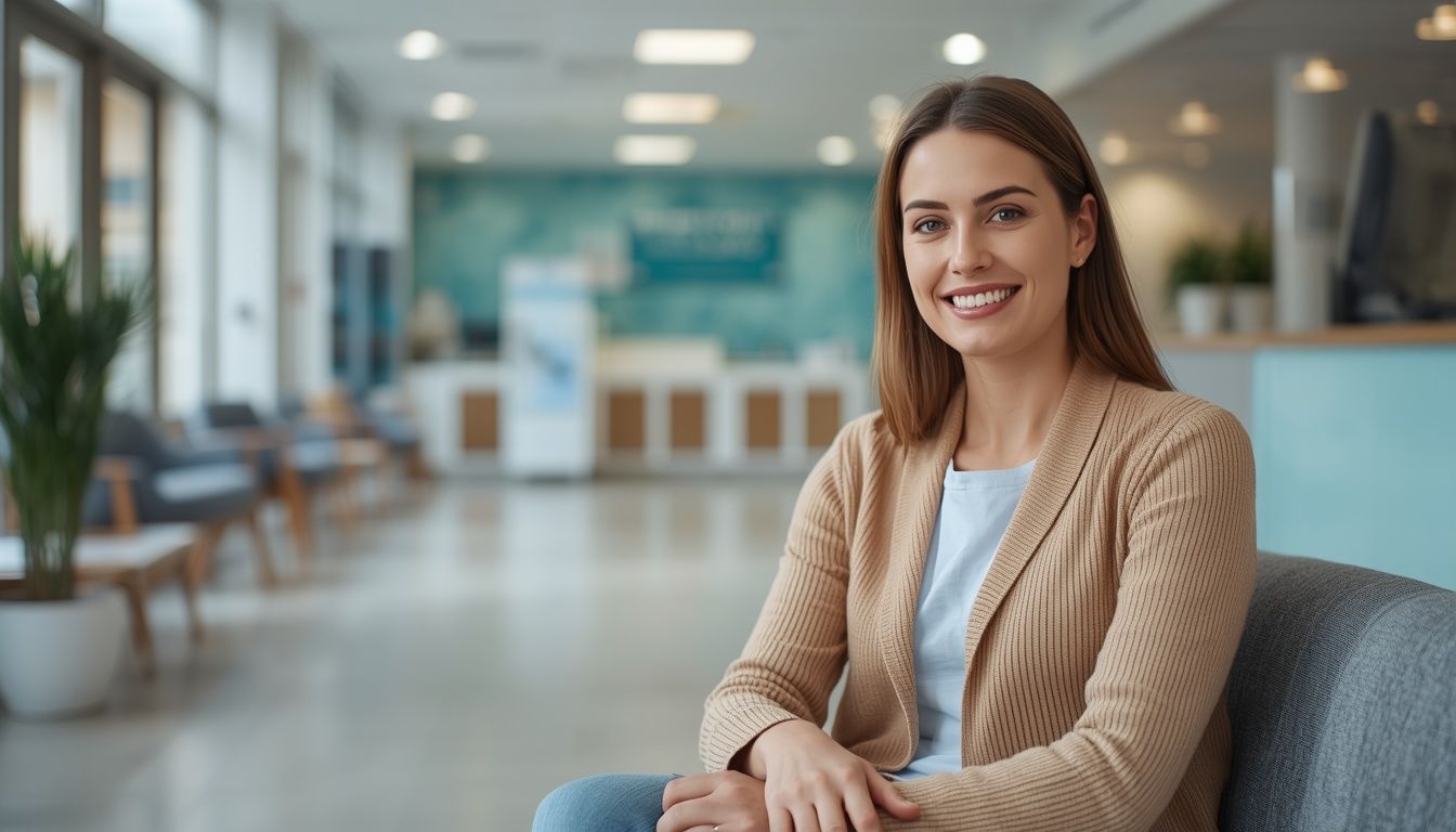 Woman waiting confidently for a routine Pap smear appointment at a modern women's health clinic.