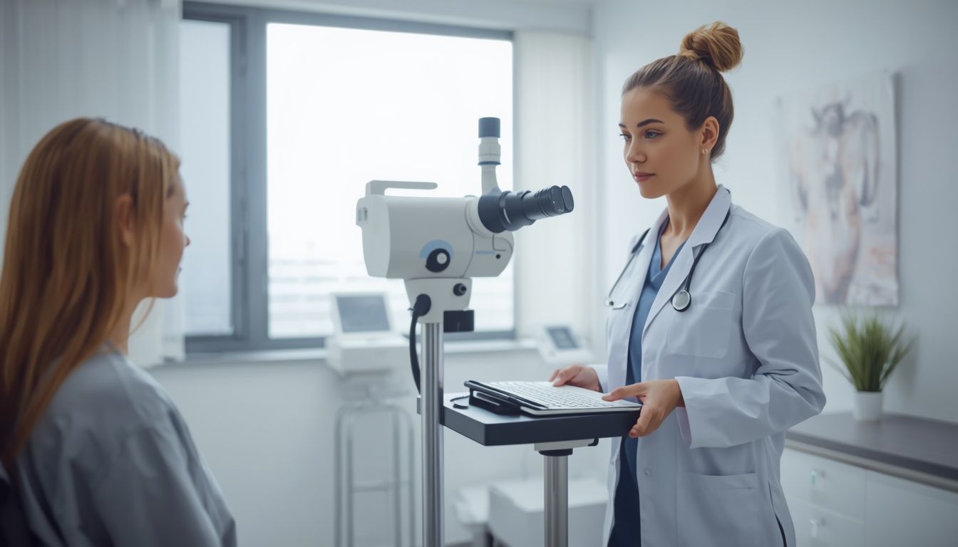 Female gynecologist preparing a patient for a colposcopy consultation