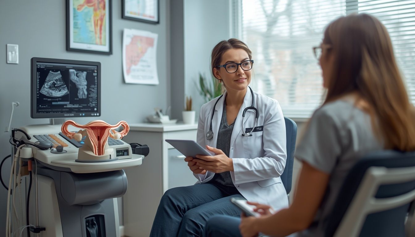 OB/GYN explaining ovarian cyst symptoms and treatment using a pelvic ultrasound 