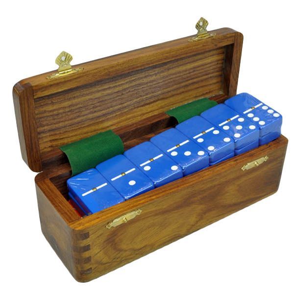 Domino Double Six Blue In Dovetail Jointed Sheesham Wood Box Jumbo Tournament Size With Spinners