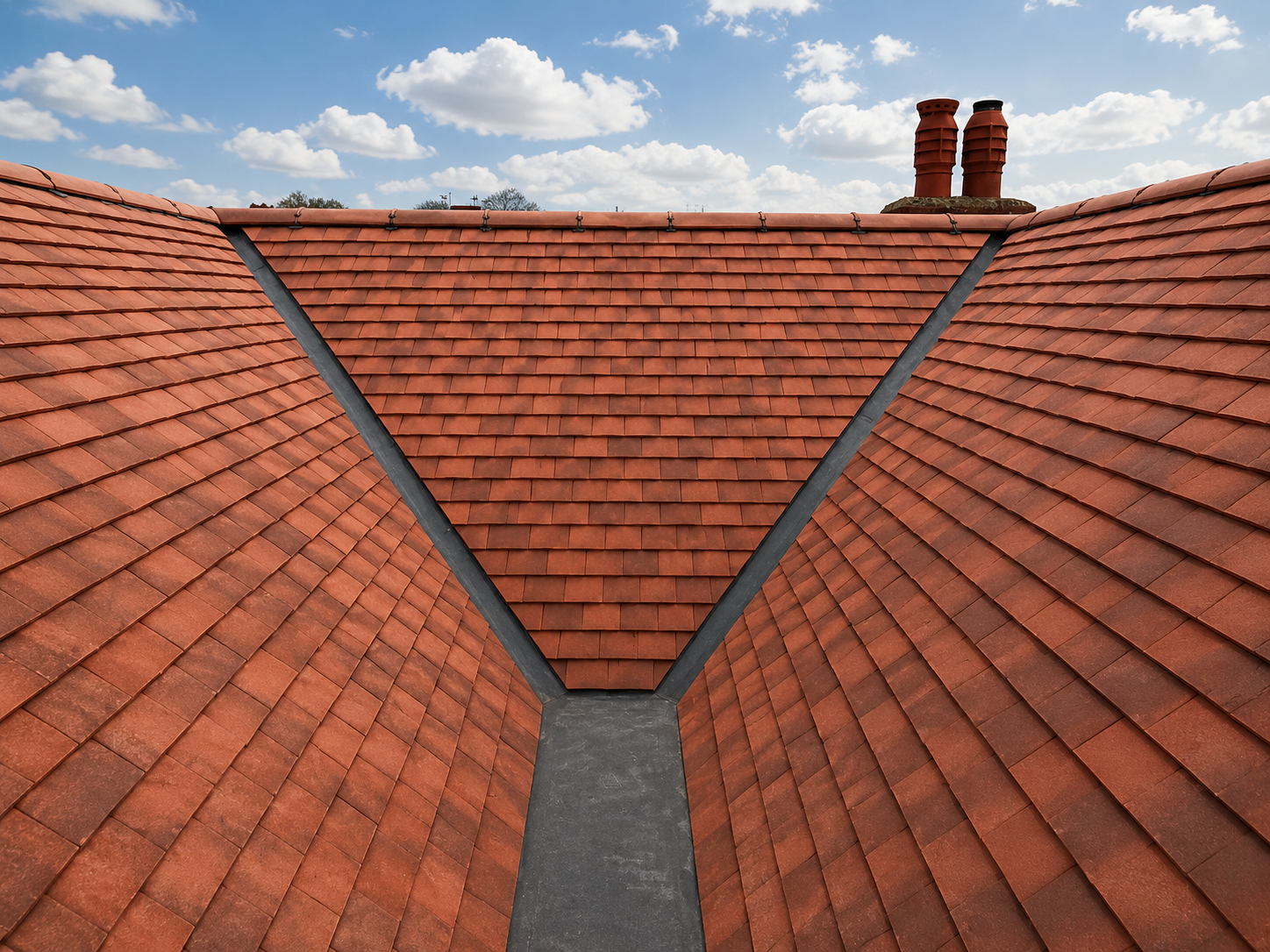 Red-tiled roof with a central valley leading to two brick chimneys under a partly cloudy sky