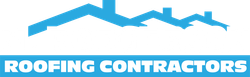 Blue roof line logo with the text &ldquo;ROOFING CONTRACTORS&rdquo; on a light background