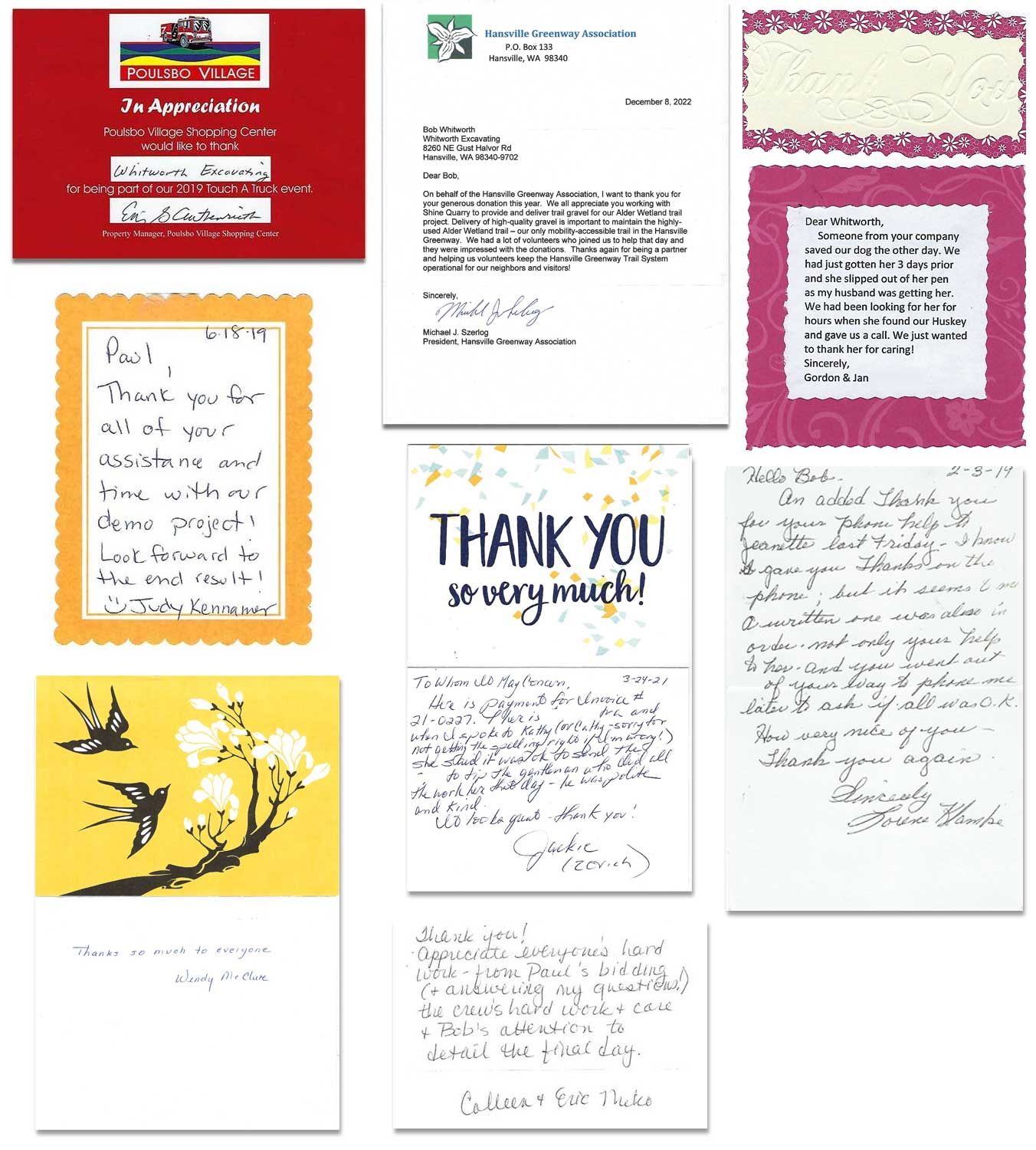 Whitworth Excavating Client Reviews and Thank You Cards