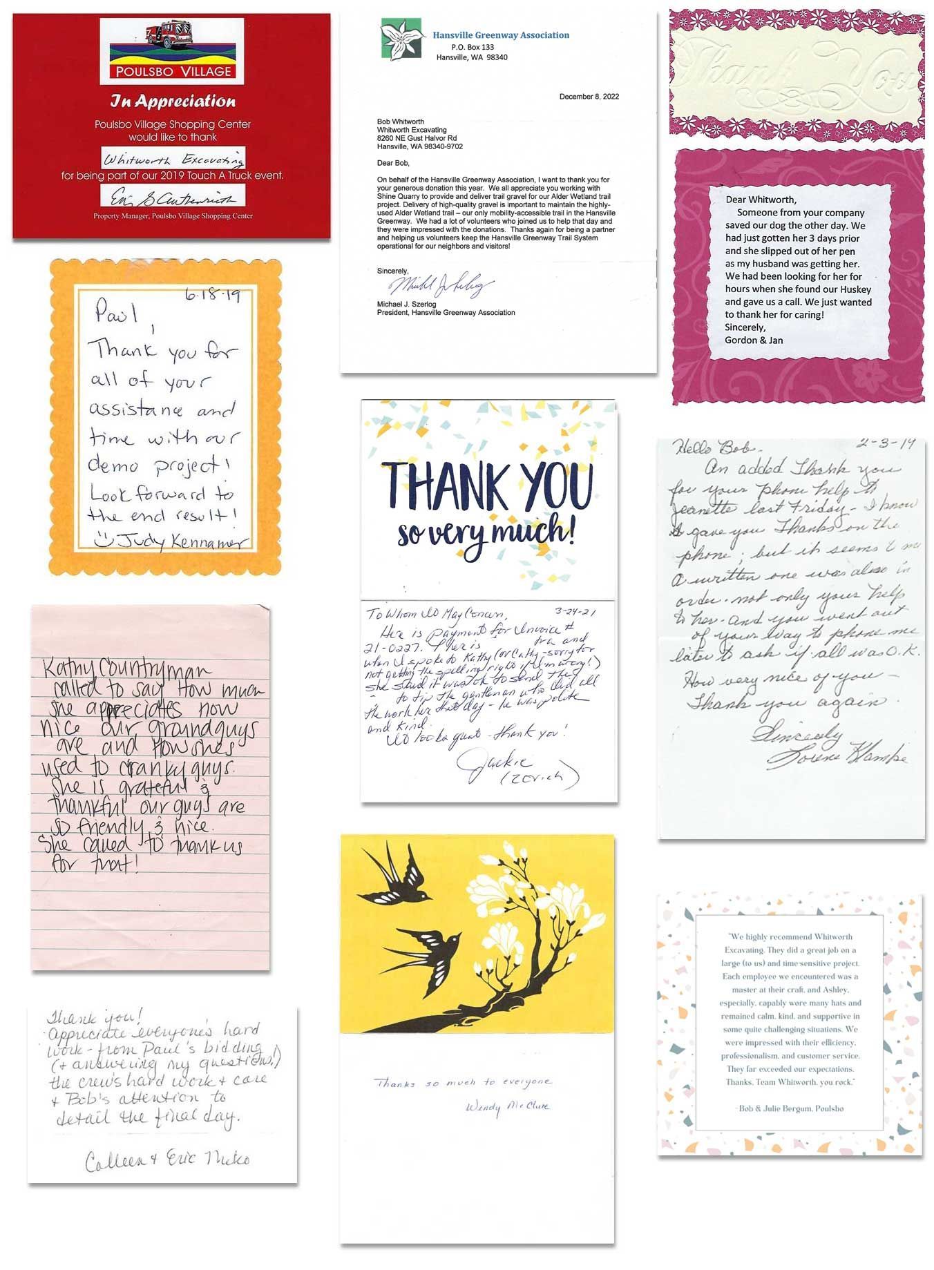 Whitworth Excavating Client Reviews and Thank You Cards