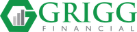 The logo for grigg financial is a green hexagon with a graph on it.