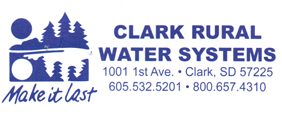 Logo of Clark Rural Water Systems with a blue graphic of trees and a lake. Text: 