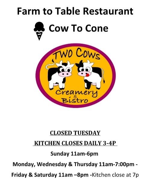 Two cows creamery bistro closed tuesday kitchen closes daily 3-4p