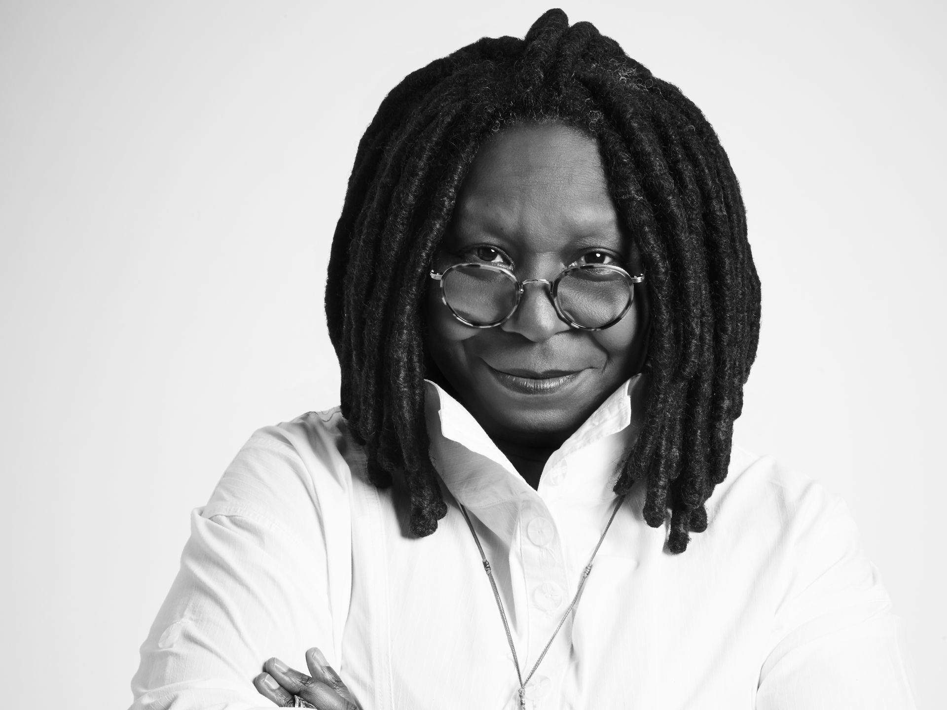 Black and white picture of Whoopi Goldbert