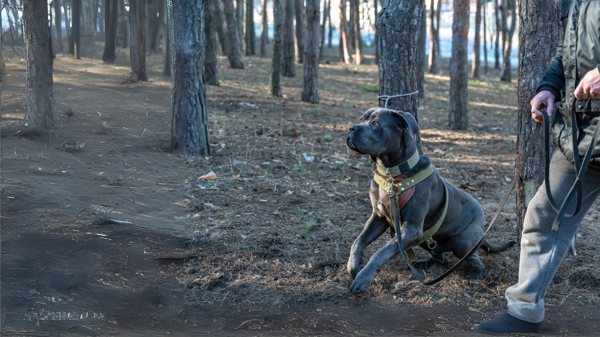 A man is walking a dog in the woods on a leash.